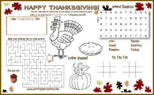 Click to download the PDF file of this awesome Thanksgiving printable activity place-mat from Priority Ministries