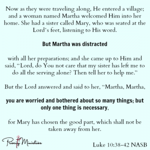 Now as they were traveling along, He entered a village; and a woman named Martha welcomed Him into her home. She had a sister called Mary, who was seated at the Lord’s feet, listening to His word. But Martha was distracted with [a]all her preparations; and she came up to Him and said, “Lord, do You not care that my sister has left me to do all the serving alone? Then tell her to help me.” But the Lord answered and said to her, “Martha, Martha, you are worried and bothered about so many things; but only one thing is necessary, for Mary has chosen the good part, which shall not be taken away from her. Luke 10:38-42 NASB